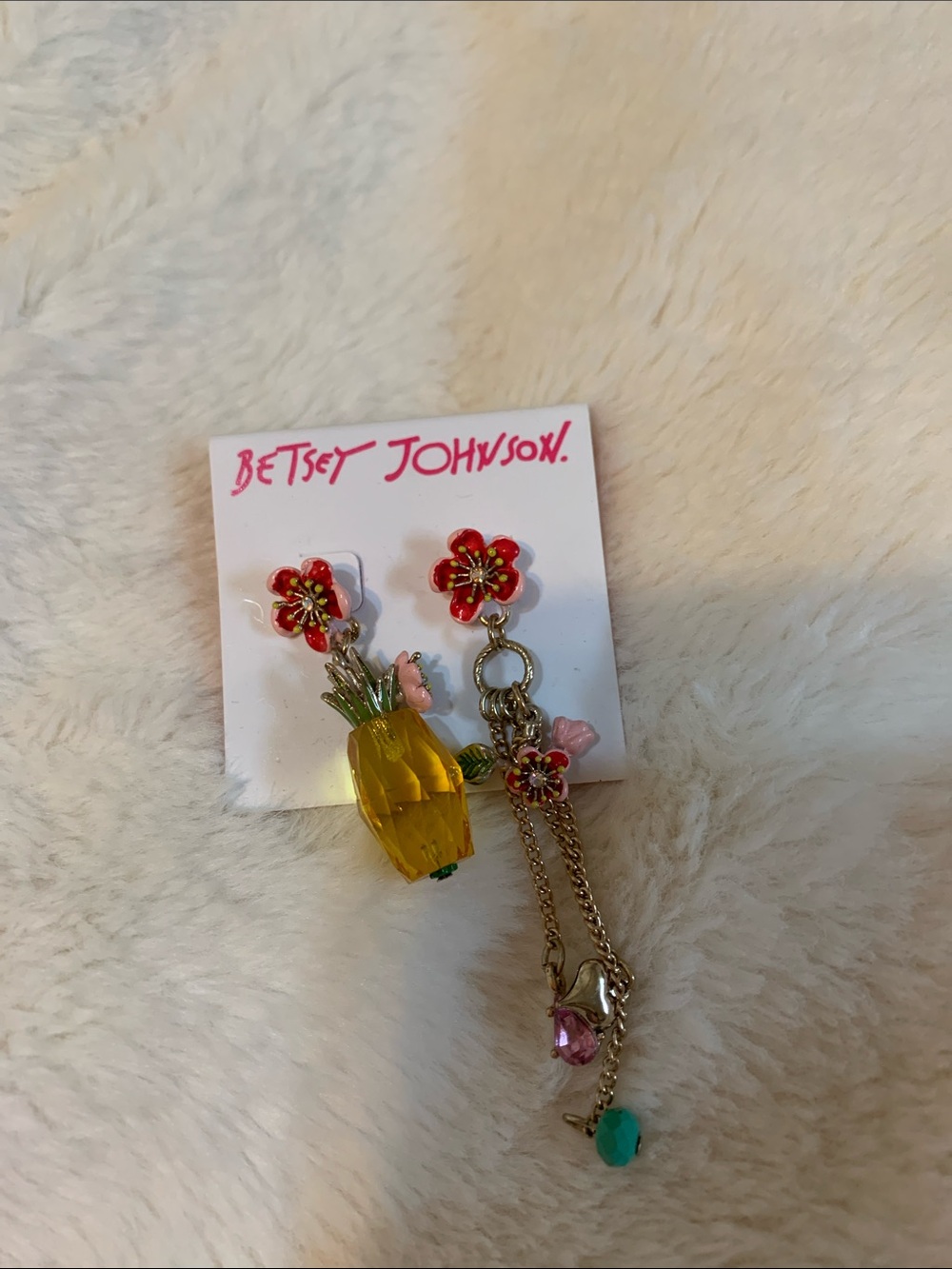 Betsey Johnson Yellow Pineapple & Pink Floral Drop Earrings